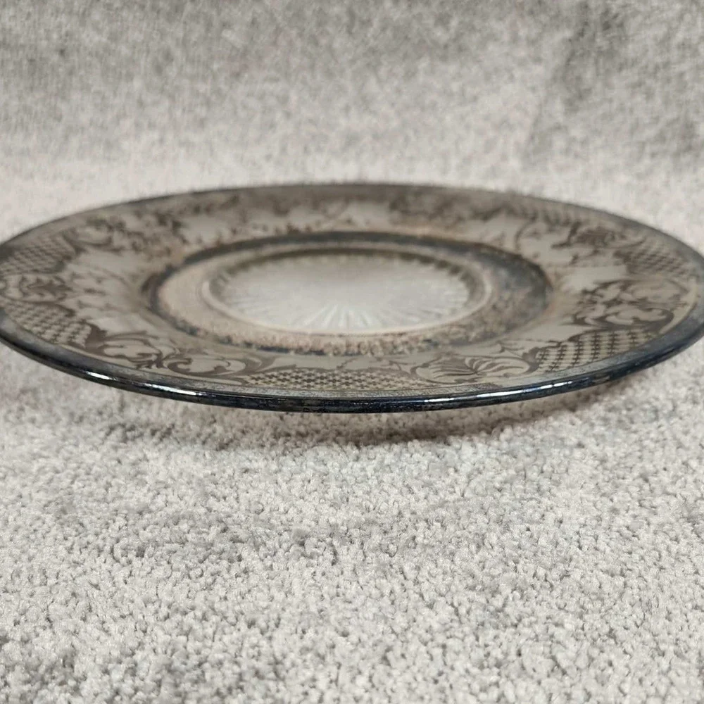 Vintage Silver Overlay‎ Glass Plate Clear Floral Scroll Etched Sunburst
